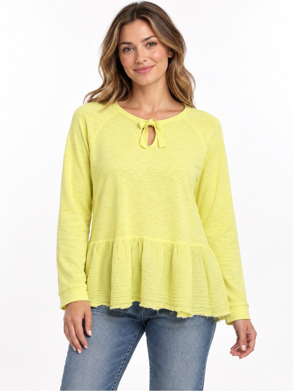 Tribal Jeans Lemon Drop Yellow Tie-Neck Ruffle Hem Top Small NWT